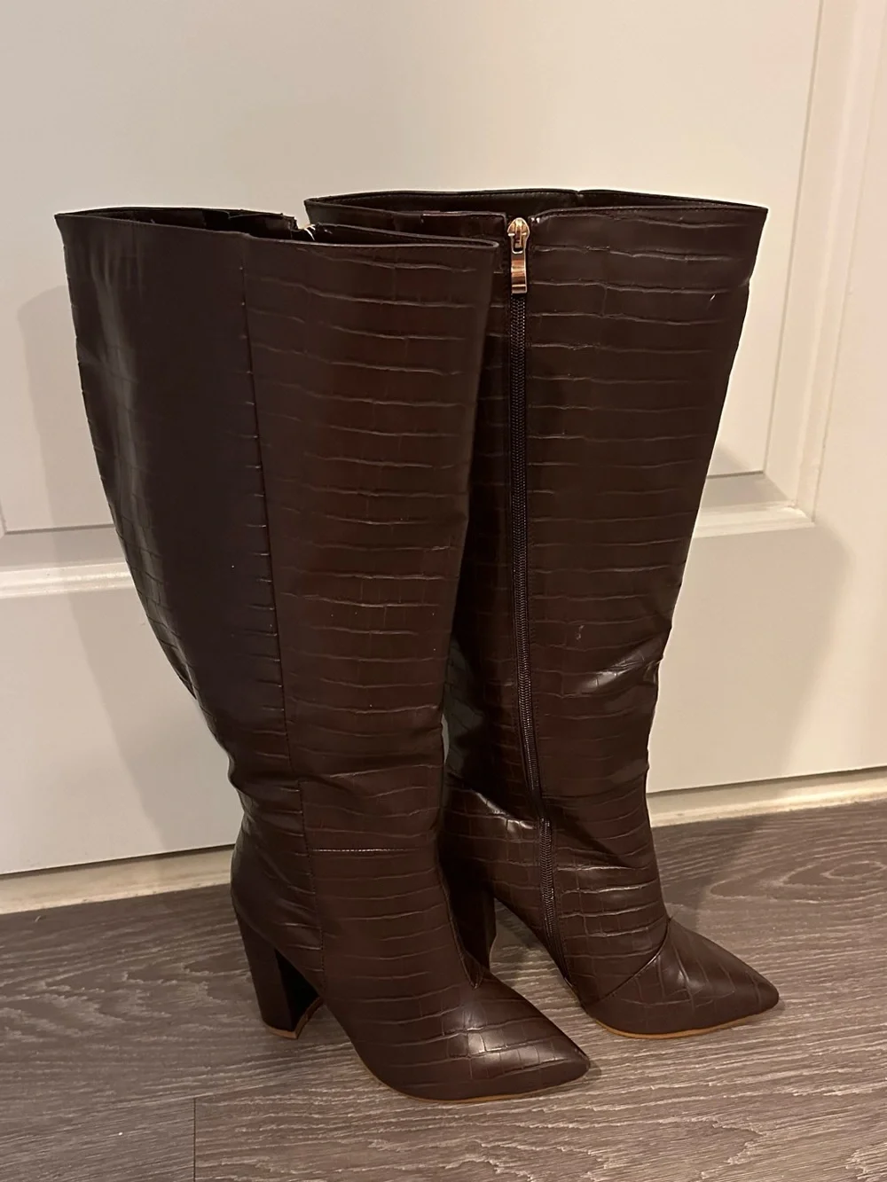 Billini Dark Brown Croc Knee-High Pointed Boots WIDE CALF